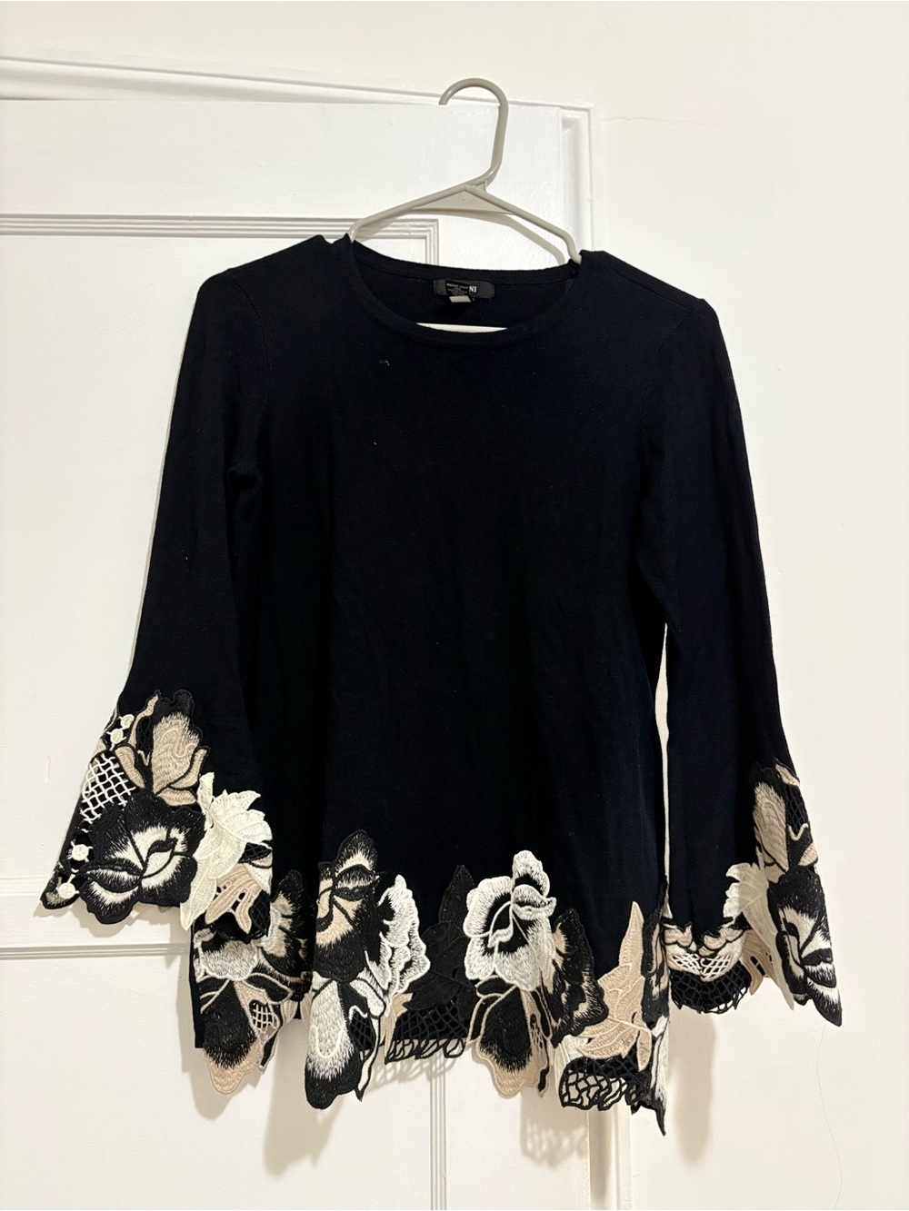 Alfani Black Long-Sleeve Top with Cream & White Floral Appliqué